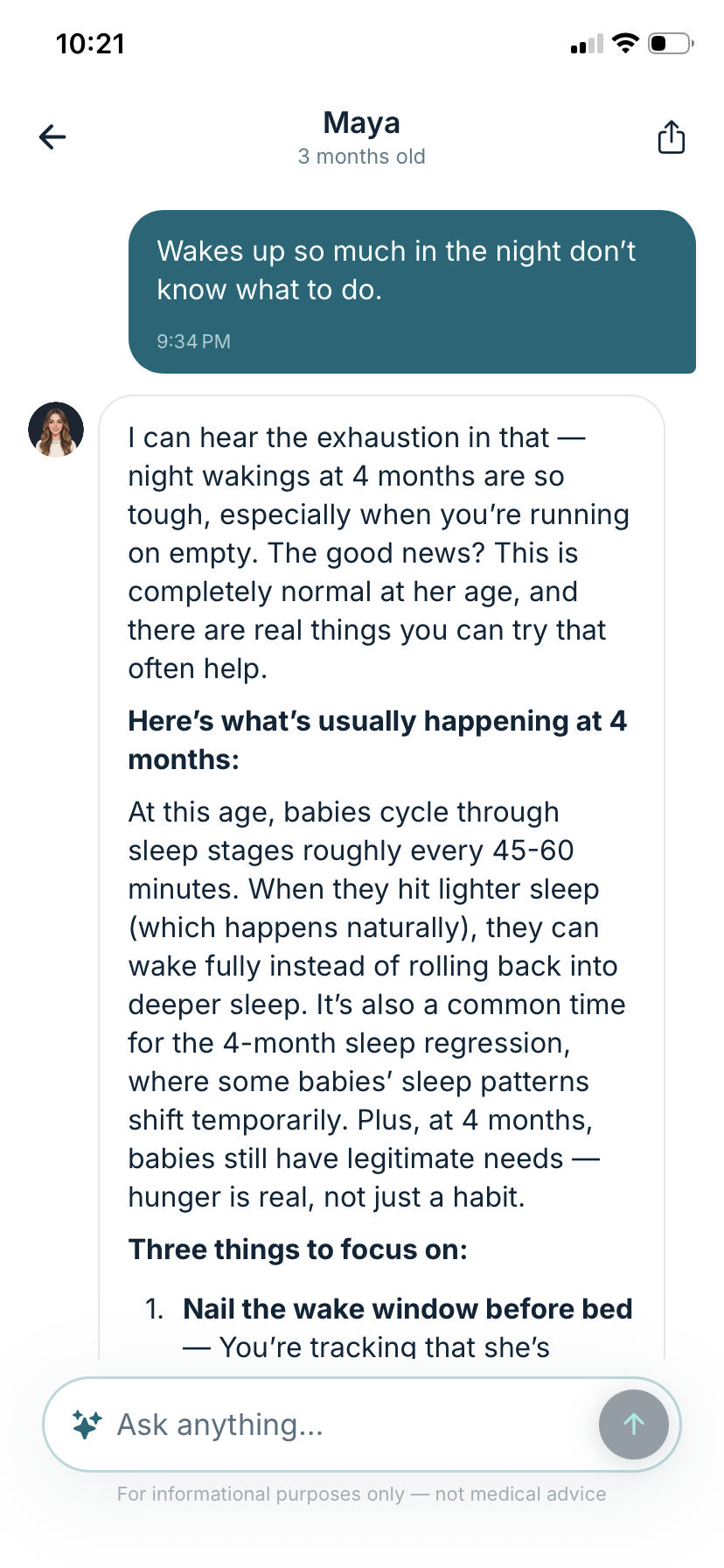 ParentingAI conversation giving personalized night-waking advice