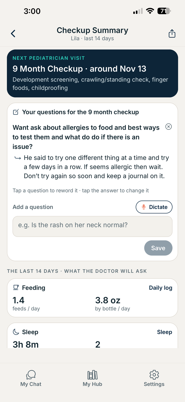 ParentingAI Checkup Summary: your questions for the next pediatrician visit and the last 14 days of data