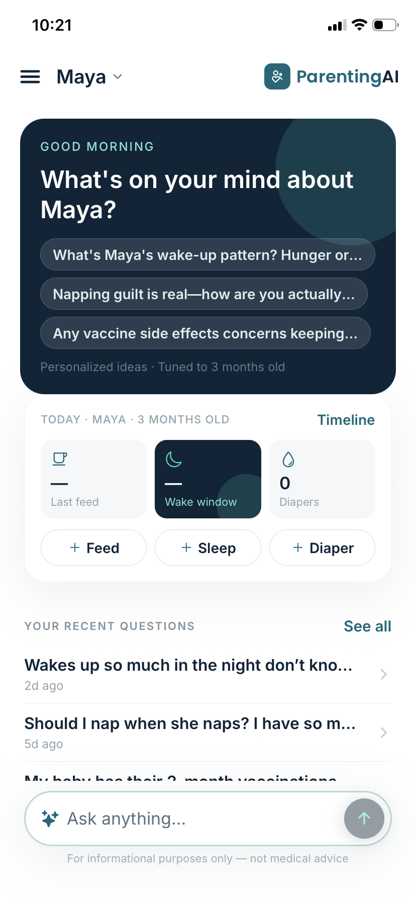 ParentingAI home screen with personalized prompts and trackers